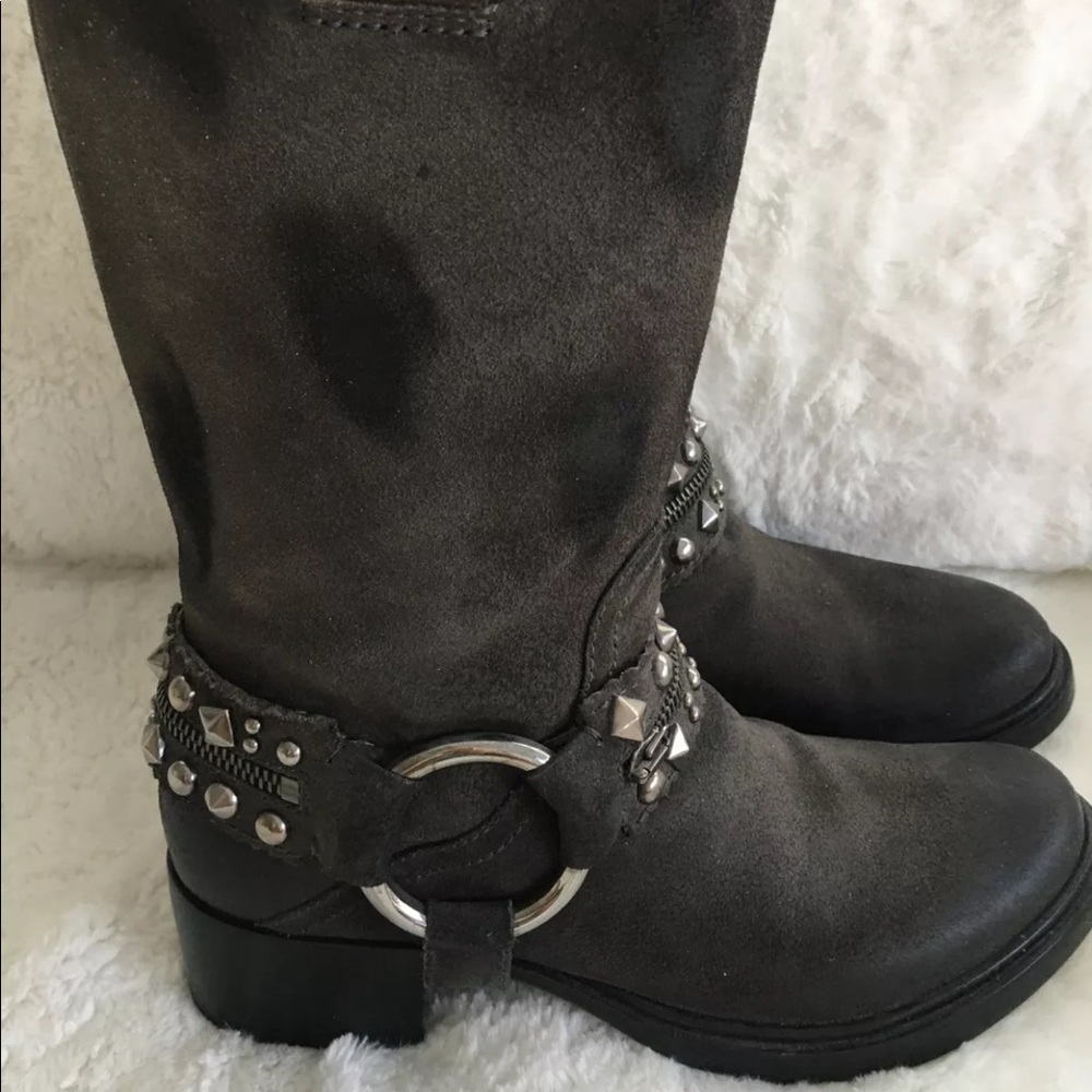 Prada Mui Mui womens biker boots gray studded